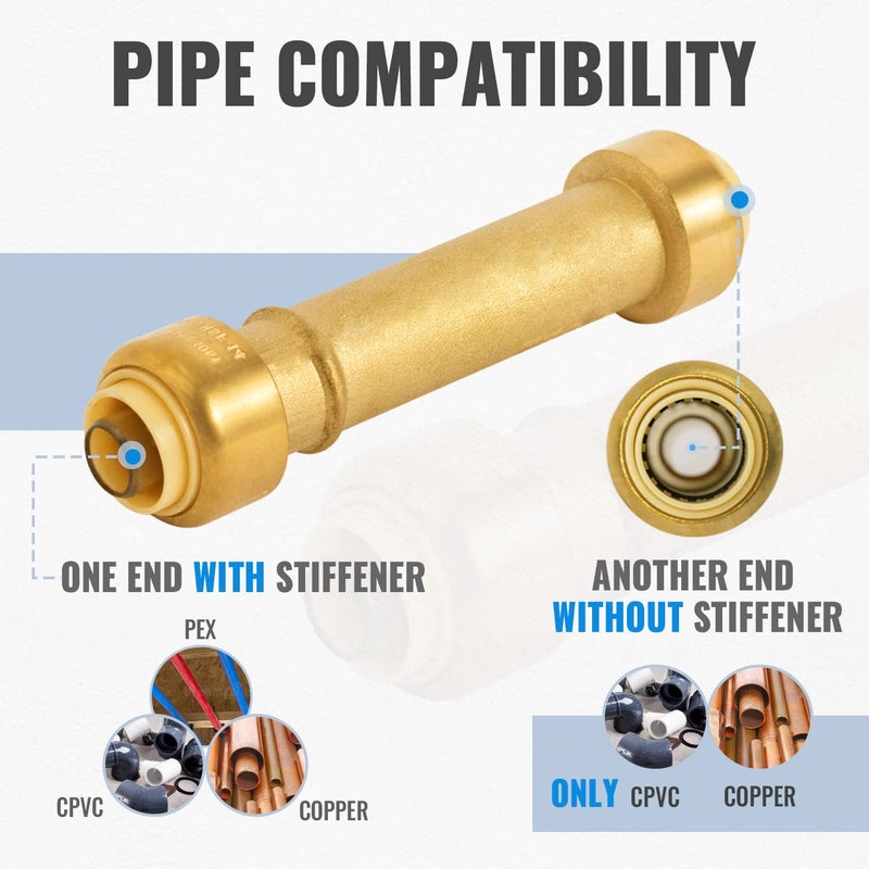 SUNGATOR 1/2 Inch Slip Coupling, Fatest Way for Emergency Repair and Leaks Fix, No Lead Brass Push-to-Connect Plumbing Fittings for PEX Pipe, Copper, CPVC, PE-RT, With 1 Disconnect Clip, Pack of 2 - Image 4